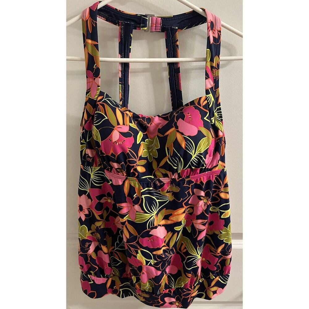 Lands' End Women's Size 10 Navy Blue Pink Green orange Floral Tankini Top EUC - Picture 2 of 4